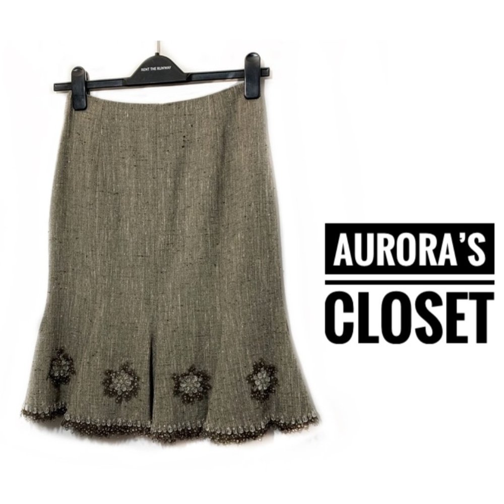 Escada 4 Brown Tweed Skirt Flare Mermaid Floral Feather Beaded EU 34